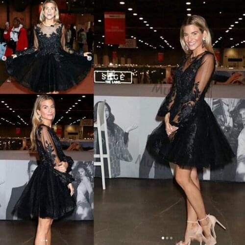 Charming Long Sleeve Black Homecoming Dresses Sheer Lace A Line Little Black Short Evening Party Skirt Sheer Neck Party Dresses