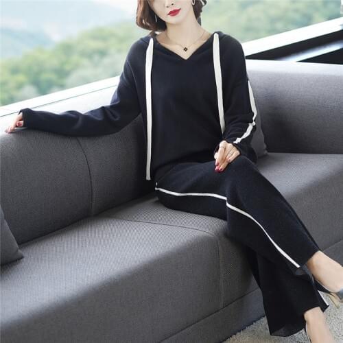 Autumn Winter Tracksuit Knitted Women Long Sleeve Hooded Wool Sweater Pullovers + Loose Straight Pants Set Two Piece Sets AA5083