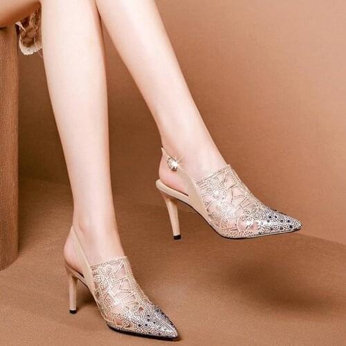Sexy Temperament Ladies High Heels Summer Hot Sale New Color Matching Hollow Rhinestone One Word Buckle Pointed Sandals