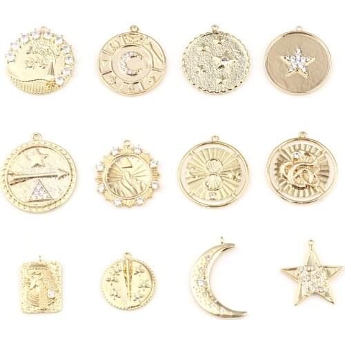 1 Piece Galaxy Star Moon Sun Charms 18K Real Gold Color Copper Round With Micro Pave Clear Rhinestone Pendants For DIY Necklace