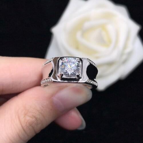 Stunning 1Ct 6.5mm D Color Moissanite Men Ring AU585 14K White Gold Ring Top Quality Male Jewelry