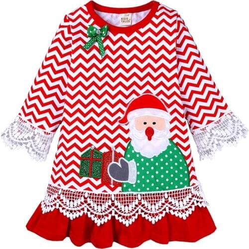 Chrismas Dress Cotton Autumn Girls Clothes Full Sleeve Girl Dress Print Bow Lace Winter Girls Clothing O-Neck