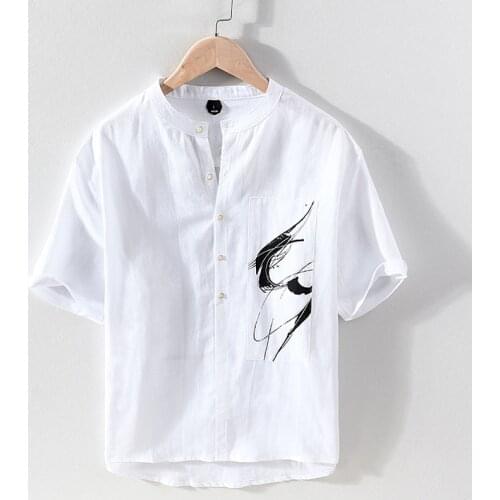 Cotton Linen Short Sleeve Shirt for Men Summer New Mandarin Collar Tops Male Fashion Chinese Style Embroidery Clothes