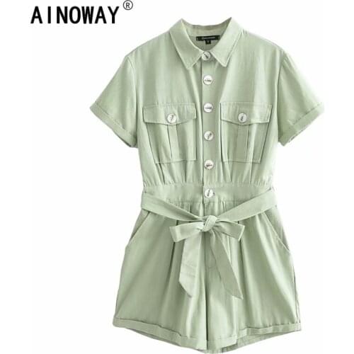 Vintage chic women Boho Bodysuits solid color short sleeve pockets loose Rompers bohemian rayon cotton Jumpsuit