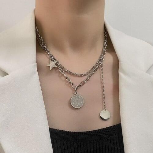 VSnow Hiphop Double Layer Coin Medallion Star Pendant Necklace for Women Girls Delicate Geometric Asymmetric Necklace Jewelry
