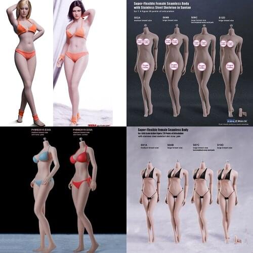In Stock 1/6 Scale Female Seamless Body Stainless Steel Skeleton Suntan Pale Skin Large/Small Plump Breast Action Figures