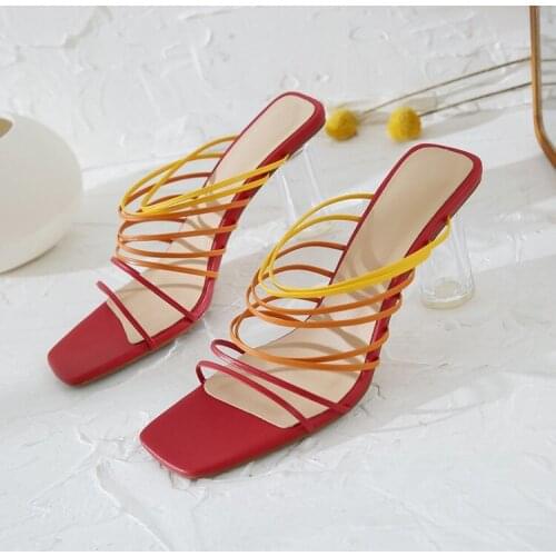 Kmeioo fashion colorful gladiator shoes women clear heel sandals outside sldies women dress shoes high heels summer slippers