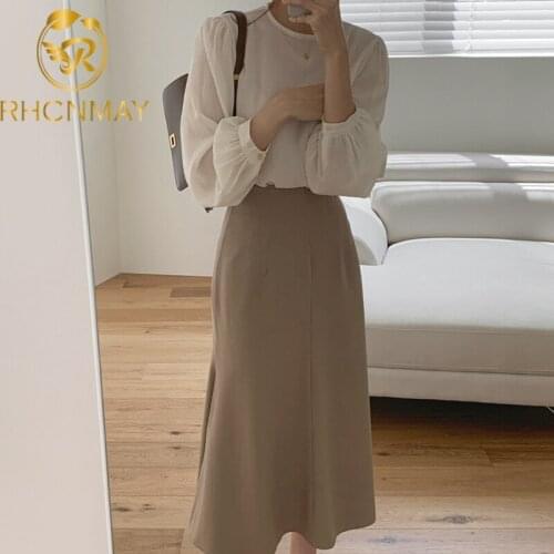 Women two piece outfits Spring and autumn New womens fashion Loose OL temperament small shirt and high waist Long skirt 2 sets