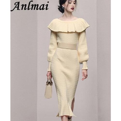 Lantern Long Sleeve Autumn Winter Midi Dress Ladies Sexy Off Shoulder Ruffle Knitting Sweater Dresses Vestidos With Belt
