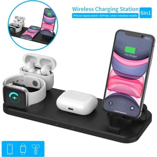 10W Qi Wireless Charger Dock Station 6 in 1 For Iphone Airpods Micro USB Type C Stand Fast Charging 3.0 For Apple Watch Charger