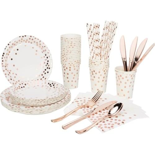 105PCS 10 People Using Rose Gold Paper Party Supplies, Birthday Party Wedding Decorations Children’s Disposable Paper Tray Set