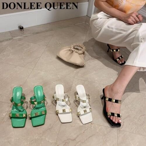 2021 Fashion Rivets Slippers Women High Heels Slide Summer Shoes Brand Rivet Sandal Female Dress Pumps Outdoor Slipper Chaussure