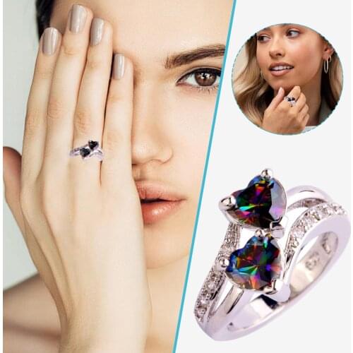 30# Charm Multicolor Rings For Women Unique Double Heart Rainbow Eternal Engagement Ring Aolly Crystals Jewelry Top Girls Ring