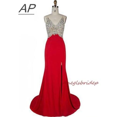 ANGELSBRIDEP Side Split Prom Dress Vestido De Festa Deep V-Neck Crystal Corset Backless Formal Party Celebrity Gown Plus Size