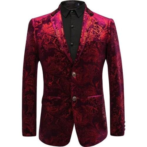Velvet Silver Blazer Men Paisley Floral Jackets Wine Red Golden Stage Suit Jacket Elegant Wedding Mens Blazer Plus Size M-6XL