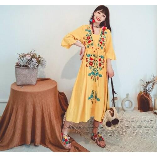 Collaosed Bohemia national wind heavy embroidery waist with holiday dress three color