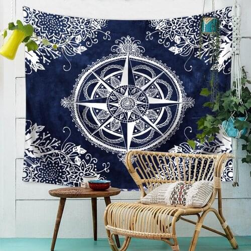 DeMissir Vintage Northern Ancient Navy Blue Compass Floral Pattern Tapestry Mandalas Wall Hanging Carpet