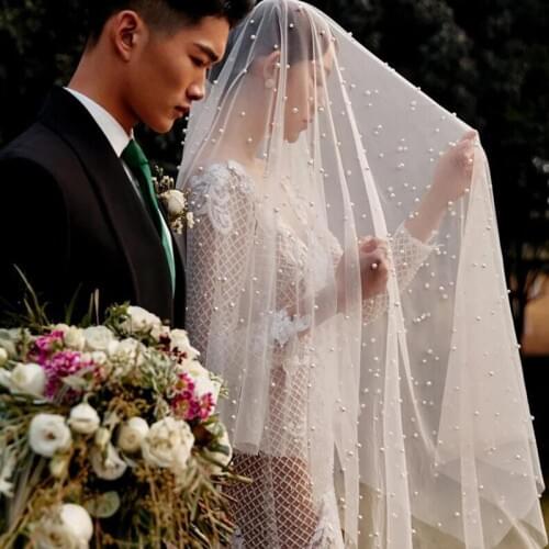 Elegant Pearls One Layer Tulle Beading Pearls Bridal Veils Luxury Handmade Wedding Veils Wedding Accessories CPA1423