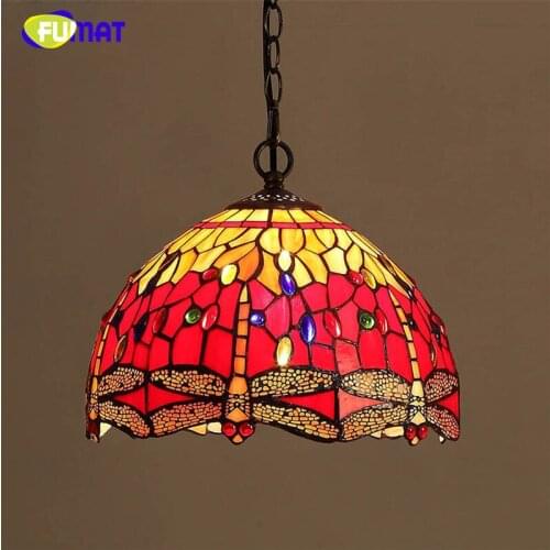 FUMAT Stained Glass Pendant Lamp Art Red Dragonfly Glass Shade Restaurant Kitchen Lamp LED Dining Room Glass Pendant Lights