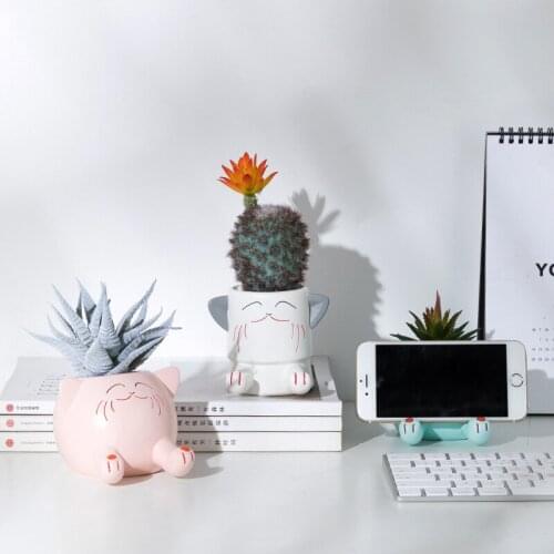 Creative Cat Flowerpot Mobile Phone Bracket Desktop Green Pots Small Decoration Nordic Room Decor Fleshy Resin Flowerpot Decor