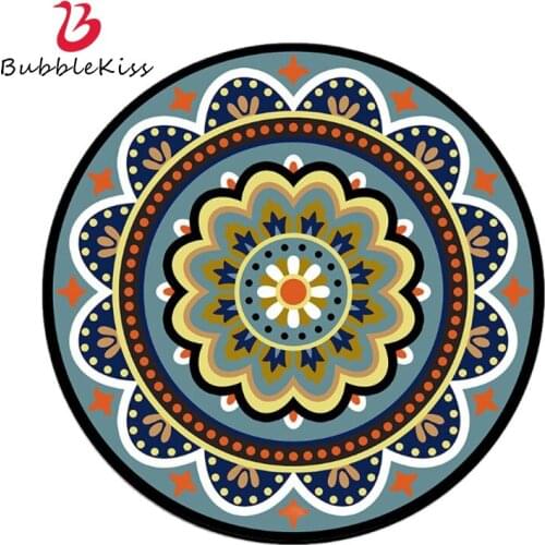 Bubble Kiss Floral Round Carpet For Living Room Blue Geometric Flower Pattern Floor Rugs Home Decoration Kids Crawling Rugs