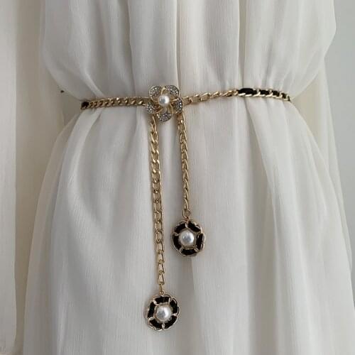 Gold Metal Flober Buckle Chain Belts for Women Waistbands Long Tassel for Suitable Jeans Suit Dress Pearl Waist Belt
