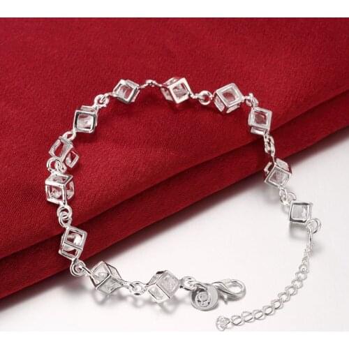 Luxury Silver Plated Bracelet Austrian Crystal Cube Chain Exquisite Jewelry Womens Gift Womens Wedding Party Bracelet