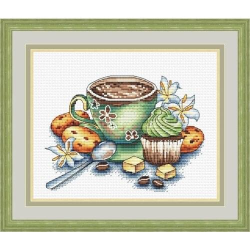 Hand Embroidery Fishxx Cross-stitch Gourmet Dessert S284-2 Picture Coffee Green Tea Small Cake Precision Printing Kit