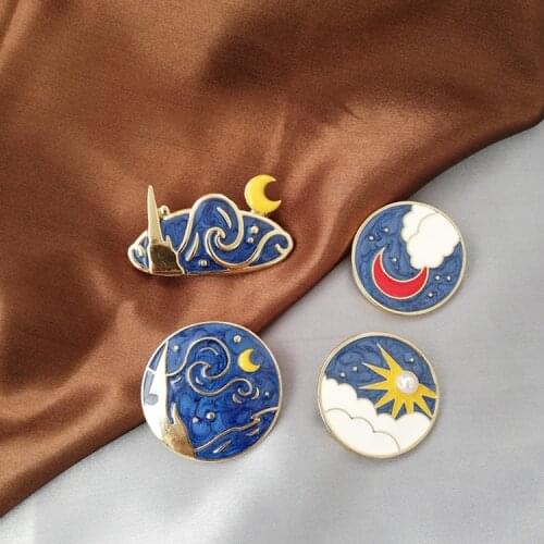 VINTAGE BROOCH Qingdao jewelry palace enamel sun and moon clouds open sunset oil Pearl Brooch coat pin