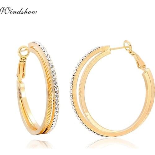 Yellow Gold Color Cluster Crystal Double Layer Hoop Earrings For Women Girls Wholesale New Elegant Luxury Jewelry Oorbellen