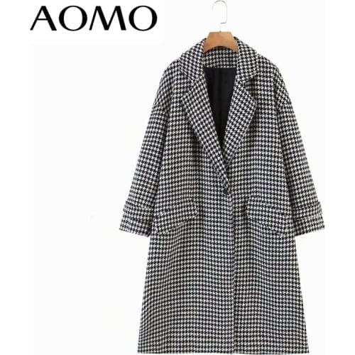 AOMO Women Plaid Pattern Woolen Coats Loose Long Sleeves Pocket 2021 Ladies Elegant Autumn Winter Coat 2Z16A