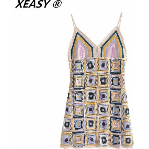 XEASY 2021 Women Vintage Crochet Braided Dress Openwork Geometric Pattern Female Sexy Backless Sleeveless Sling Mini Dress