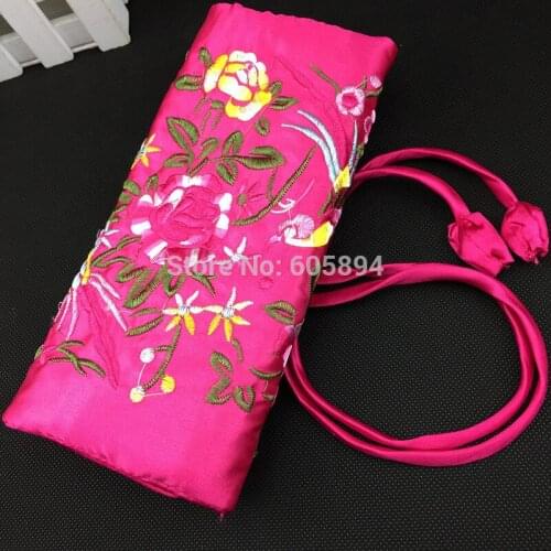 Portable Embroidery flower Bird Jewelry Roll Up Bag Travel Storage 3 Zipper Pocket Drawstring Folding Cosmetic Makeup Pouches