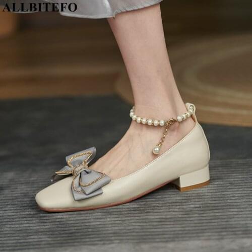 ALLBITEFO Beautiful Bow Design Genuine Leather Student Girls Sweet Low Heel Shoes Fashion Sexy Women Heels Shoes High Heels