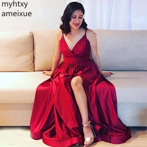 Sexy V-neck Event Evening Dress Spaghetti Straps A-line Front Split Satin Long Formal Party Gown Wine Red Special Robe De Soiree
