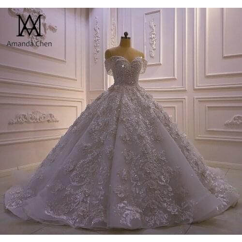 Custom Made Off Shoulder Lace Appliqued Florar 3D Flower Off White Wedding Dress