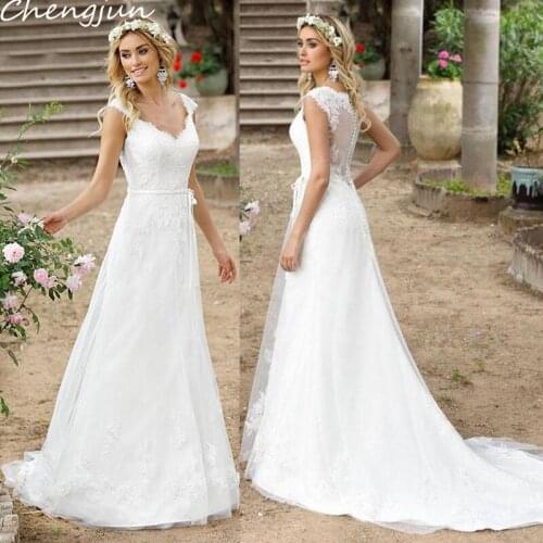 Chengjun Old Fashion Elegant A Line Cap Sleeve White V-Neck Wedding Dresses