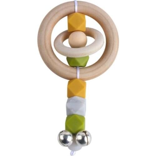 Baby Teether Rattle Toys Wooden Ring Silicone Beads Teething Soother with Bells 24BE