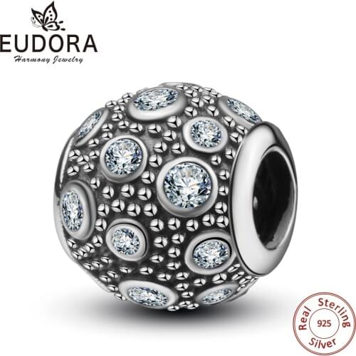 Eudora Unique 925 Sterling Silver Sparkling Round Clear CZ Charm Fit Bracelet Necklace Original Charm JEWELRY Accessories Z23