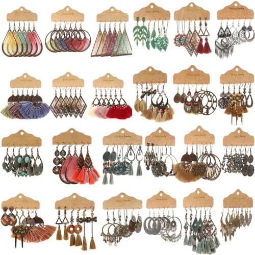Exknl 3 Pairs Round Big Vintage Drop Earrings Set Women Ethnic Boho Bohemian Dangle Tassel Long Flower Earrings Jewelry 2021