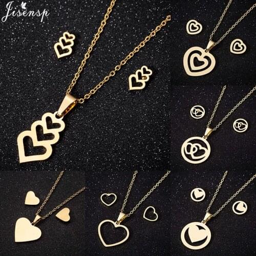 Jisensp Trendy Hollow Three Hearts Pendant Necklace Earrings Romantic Peach Heart Stainless Steel Jewelry Sets for Women Girls