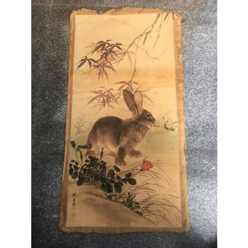 Chinese Old Scroll Liu kuiling - Autumn Leaf Rabbit Painting Rice Paper Painting
