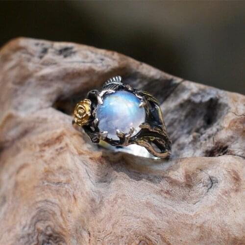 Gothic Punk Ring for Women Vintage Moonstone Halloween Jewellry Retro Flower Ring Accessories Statement Jewelry Wholesale KAR201