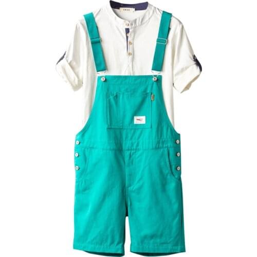 2021 Summer Overalls Shorts For Men Bib Jumpsuits Cotton Straight Loose Red Orange Yellow Khaki Male Solid Casual Pants Clothing
