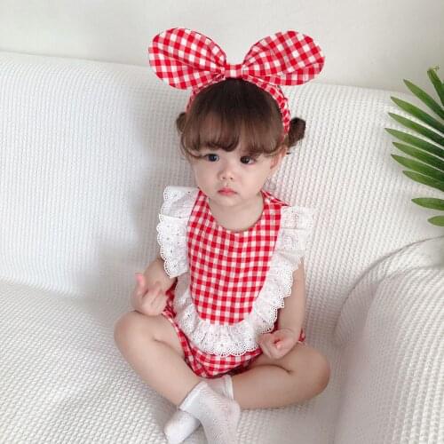 Summer Baby Girl Clothes 2 Piece Cute Plaid Floral Lace Sleeveless Baby Jumpsuits+bow Headband Korean Style Baby Bodysuit 0-18M