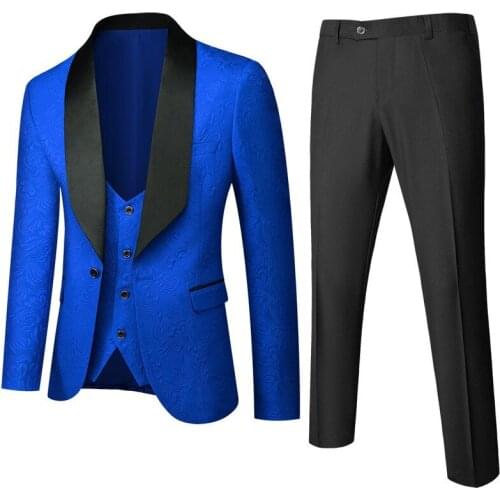 Custom Made Men Suits Royal Blue and Black Groom Tuxedos Shawl Lapel Groomsmen Wedding Best Man ( Jacket+Pants+Vest+Tie ) D51