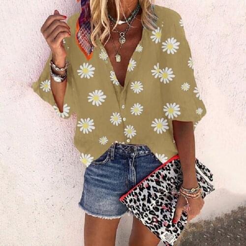 New Style Ladies Tops Casual 3/4 Sleeve Shirts Ladies Fashion Daisy Print Shirt Ladies Elegant Pullover Shirts For Women