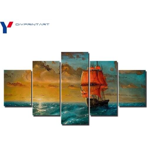 Sailboat Sea 5 Panel Posters and Prints Sunset Landscape Living Room Decoration A0983