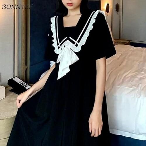 Dresses Women Bow Sailor Collar A-line Kawaii Students Lovely Girls Classy Elegant Casual All-match Patchwork High Waist Newest