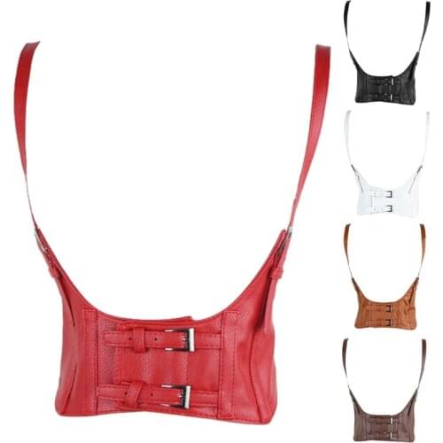 Q1FA Women Faux Leather Underbust Corset Crop Top Adjustable Double Buckle Cincher